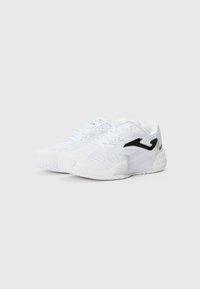 White athletic shoes with a textured upper, contrasting black logo, and a durable rubber sole featuring a patterned tread for grip.
