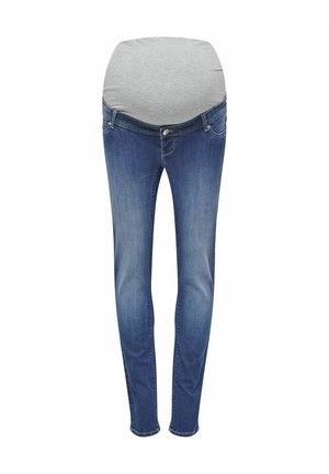 Zwangerschapsjeans in een mediumwas blauwe denim met een grijze elastische comfortband bij de taille en een aansluitend broekontwerp, met klassieke zakken.
