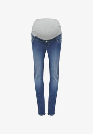 Graviditetsjeans i mellemblå denim med et gråt elastisk komfortpanel i taljen og et tætsiddende ben-design, der har klassiske lommer.
