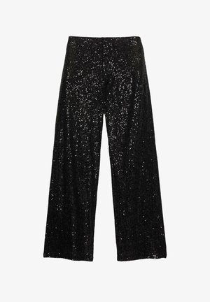 Zwarte paillettenbroek met een wijde pijp en een elastische tailleband, voorzien van een textuur met glanzende pailletten.