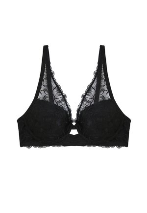 Soutien-gorge noir en dentelle avec broderie florale, bonnets à armatures et panneaux en mesh semi-transparent sur les bretelles et les côtés.