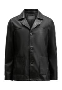 Schwarze Lederjacke mit scharfem Kragen, Knopfverschluss, zwei Fronttaschen und glatter Textur. Minimalistisches Design mit taillierter Passform.