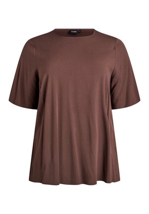 T-shirt marron à manches courtes avec un col rond, fabriqué en tissu doux avec une coupe décontractée et une texture lisse. Pas de motifs ou accents visibles.