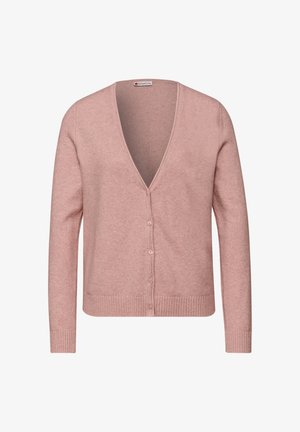 Roze vest gemaakt van zachte stof, met een diepe V-hals, zes knopen aan de voorkant en geribbelde boorden en zoom.