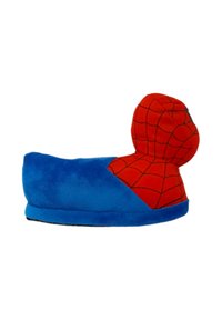 Pantofole di peluche blu e rosse a forma della testa e del petto di Spider-Man con motivi di ragnatela neri sul tessuto.