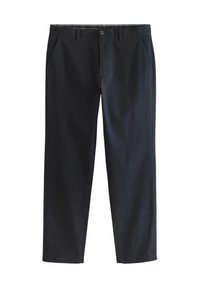 Donkerblauwe broek van stevige katoen. Heeft twee zijzakken en een frontknopen sluiting. Rechte pijpen met een nette afwerking.