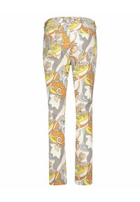 Patterned trousers featuring a floral design in yellow, orange, grey, and beige. Made of lightweight fabric with a slim-fit shape.