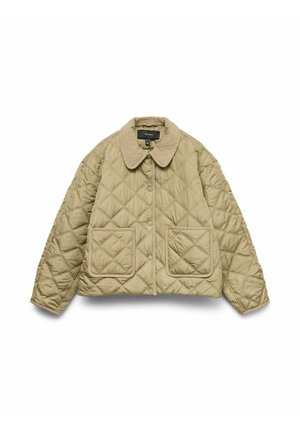 Quiltet beige jakke med et corduroy-krave, to forlommer og trykknaplukning med diamantmønstret tekstur.