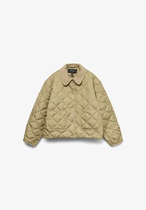 Beżowa kurtka pikowana z kołnierzem z szerokiego prążka, dwoma przednimi kieszeniami i zapięciem na zatrzaski, o strukturze w wzór rombów.