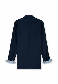 Marineblauwe button-up shirt met lange mouwen, met contrasterende lichtblauwe gekleurde manchetten en kraagdetails. Soepele textuur, klassiek design.