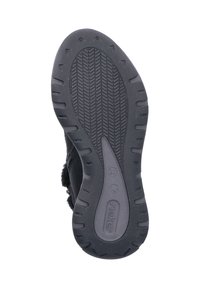 Suola in gomma nera di una scarpa con battistrada testurizzato, taglia 37 contrassegnata e logo "rieker" impressa nell'area del tallone.
