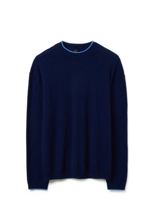 Navy blue knitted sweater with a round neckline, featuring a contrasting light blue trim. Relaxed fit with long sleeves. Soft texture.