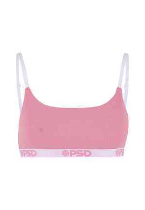 Bralette rosa a coste con spalline bianche regolabili e fascia elastica bianca con loghi rosa PSD lungo il bordo inferiore.