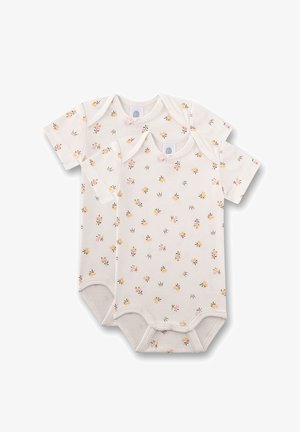 Zwei kurzärmelige Babybodys in Creme. Mit einem Blumenmuster in Pink- und Gelbtönen, Schulterlapdesign und Druckknöpfen.