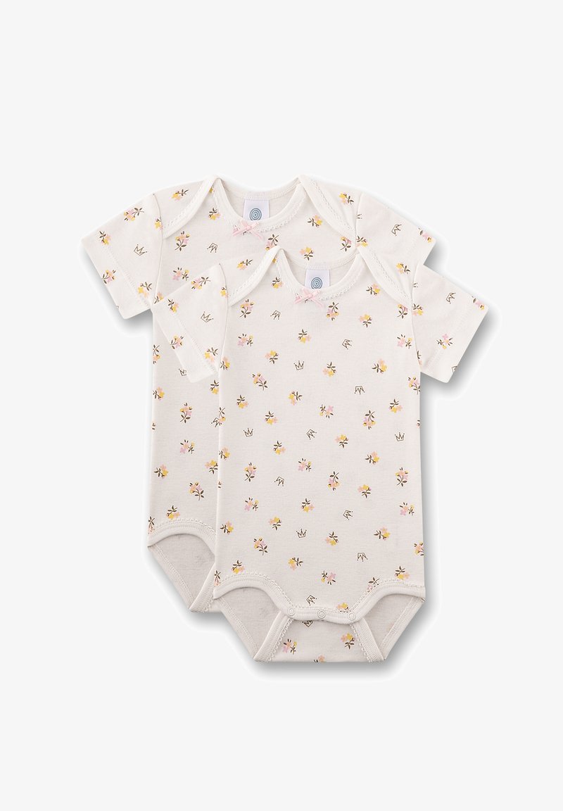 Zwei kurzärmelige Babybodys in Creme. Mit einem Blumenmuster in Pink- und Gelbtönen, Schulterlapdesign und Druckknöpfen.