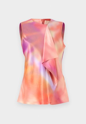 Ärmelloses Oberteil aus Satin, ausgestattet mit einem bunten abstrakten Muster in Rosa-, Orange- und Violetttönen, mit einem drapierten Vorderdesign.
