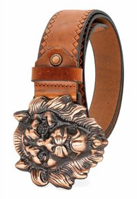 Brauner Leder-Gürtel mit einer detaillierten bronzenen Löwenkopf-Schnalle, die über strukturierte Akzente und ein gewebtes Muster entlang des Gurtendes verfügt.
