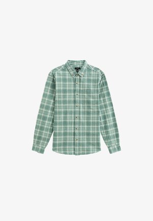 Groen geruite overhemd met lange mouwen en een button-down kraag, met bruine knopen en een voorzak. Katoenen stof met een gladde textuur.