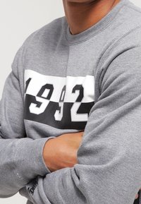 Grå sweatshirt med rund hals, med ett vitt och svart rand över bröstet där det står "1992" i fet stil.