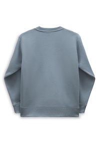 Sudadera de color azul claro con cuello redondo, puños y dobladillo acanalados, y una textura suave y lisa. La vista trasera muestra detalles de diseño mínimos.