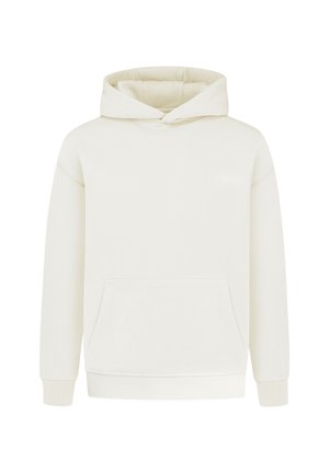 Sudadera con capucha de color crema hecha de una tela suave, que cuenta con un bolsillo frontal tipo canguro, puños acanalados y un corte holgado.