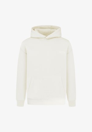 Hoodie in cremefarbener Ausführung aus weichem Stoff, mit einer vorderen Kängurutasche, gerippten Bündchen und einem lockeren Schnitt.