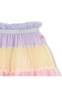 Φούστα από τούλι με στρώματα σε λιλά, κίτρινο και ροζ, με βολάν στη μέση και λαμπερό ασημένιο περίγραμμα.