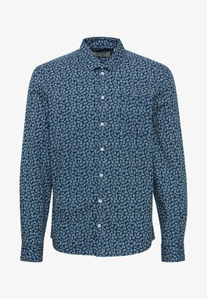 Tumesinane nööbiga särk, millel on valge lehe muster, pikad varrukad ja klassikaline krae sujuvast kangast. Nöörid on valged ja ümmargused.