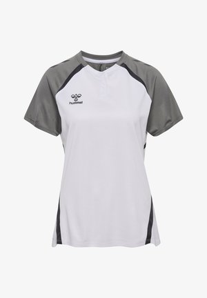 Korte mouwen sport shirt in het wit met grijze accenten, met een ronde hals, zachte stof en logo op de linker borst.