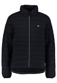 Černá péřová bunda s vysokým límcem, horizontálním prošíváním, zapínáním na předním zipu a dvěma předními kapsami. Na hrudi je umístěno logo značky.