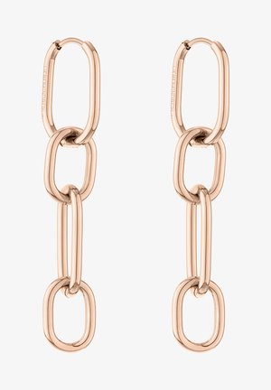 Boucles d'oreilles en chaîne rose doré avec des formes ovales entrelacées, finition polie et texture lisse et raffinée. Chaque boucle d'oreille est composée de plusieurs maillons.