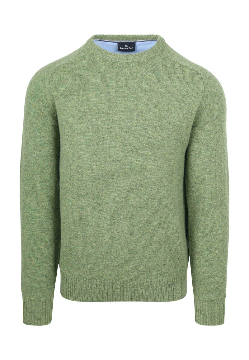Groene gebreide trui met een ronde halslijn, geribbelde manchetten en zoom, gemaakt van zachte stof, met een subtiele textuur en een strak ontwerp.