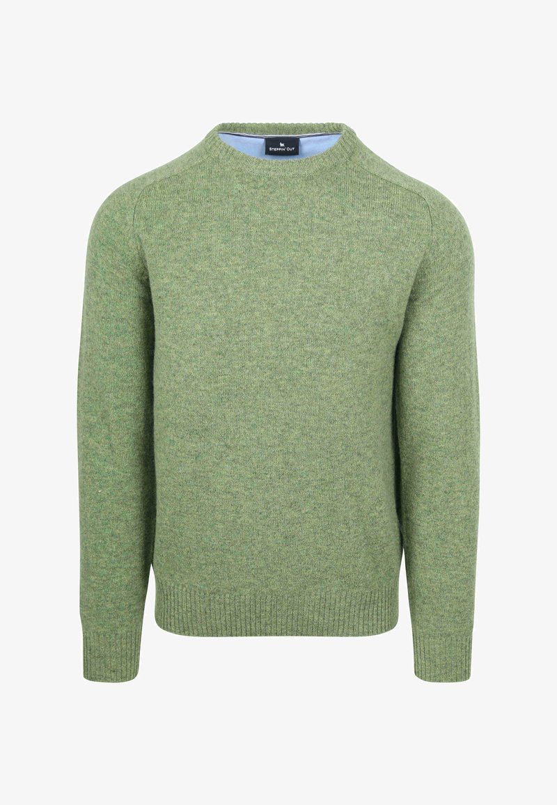 Groene gebreide trui met een ronde halslijn, geribbelde manchetten en zoom, gemaakt van zachte stof, met een subtiele textuur en een strak ontwerp.