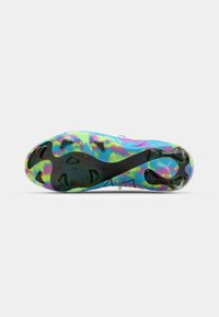 Multicolored soccer cleat outsole featuring vibrant swirls of blue, green, pink, and yellow with black studs for traction and grip.