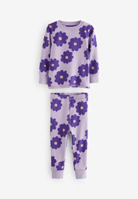 Lila blommönstrad pyjamas set med en långärmad topp och matchande byxor i ett mjukt tyg med gula blomcentrum och ribbade ärmslut.