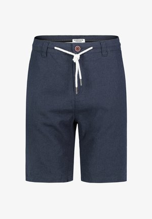 Navy blue shorts made from a textured fabric, featuring a white drawstring, button closure, and two side pockets.