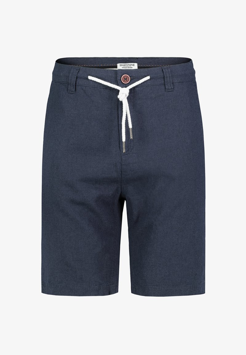 Marineblaue Shorts aus einem strukturierten Stoff, mit einer weißen Kordel, Knopfverschluss und zwei seitlichen Taschen.