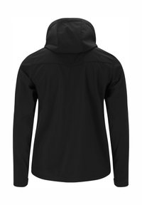 Sort, let vægt jakke med hætte, der har en glat tekstur, lange ærmer og et minimalistisk design. Designet til udendørs brug.