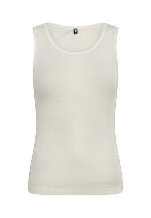 Cremefarvet ærmeløs tanktop med rund halsudskæring, lavet af glat stof, der har en slank pasform og minimale sømdetaljer.