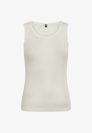 Cremefarvet ærmeløs tanktop med rund halsudskæring, lavet af glat stof, der har en slank pasform og minimale sømdetaljer.