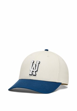 Baseballpet met een crème kleurige kroon en een gebogen donkerblauwe klep, met een wit-zwart geborduurd "WH"-logo aan de voorkant.