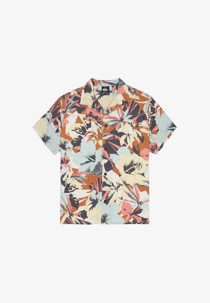 Koszula na guziki z krótkim rękawem z dużym kwiatowym nadrukiem w kolorach beżowym, rdzawej czerwieni, jasnoniebieskim i czarnym na białym tle.
