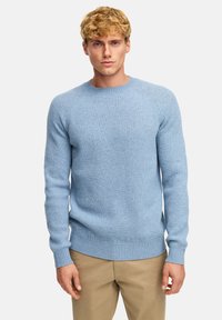 Hellblau gestreifter Pullover mit Rundhalsausschnitt und langen Ärmeln, aus einem weichen Strickmaterial gefertigt, mit einer taillierten Passform und Bündchen.