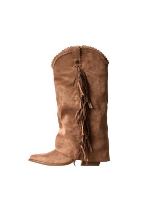Botte de cowboy en daim beige avec franges décoratives le long du côté et bordure festonnée en haut, talon empilé bas et bout pointu.