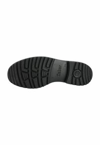 Suola di scarpa in gomma nera con un motivo di battistrada testurizzato. Presenta scanalature e un emblema circolare vicino al tallone. Il marchio "Gabor" è visibile.