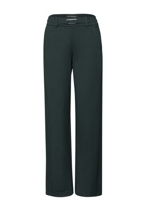 Pantalons larges vert foncé en tissu doux, dotés d'une taille plate avec une boucle en métal et de poches sur les côtés. Texture lisse, design longueur complète.
