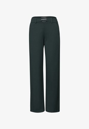 Pantalons larges vert foncé en tissu doux, dotés d'une taille plate avec une boucle en métal et de poches sur les côtés. Texture lisse, design longueur complète.