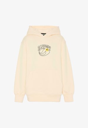Kremowa bluza z kapturem wykonana z miękkiego materiału, posiadająca przednią kieszeń, ściągacze przy mankietach oraz logo z kreskówkowymi akcentami.