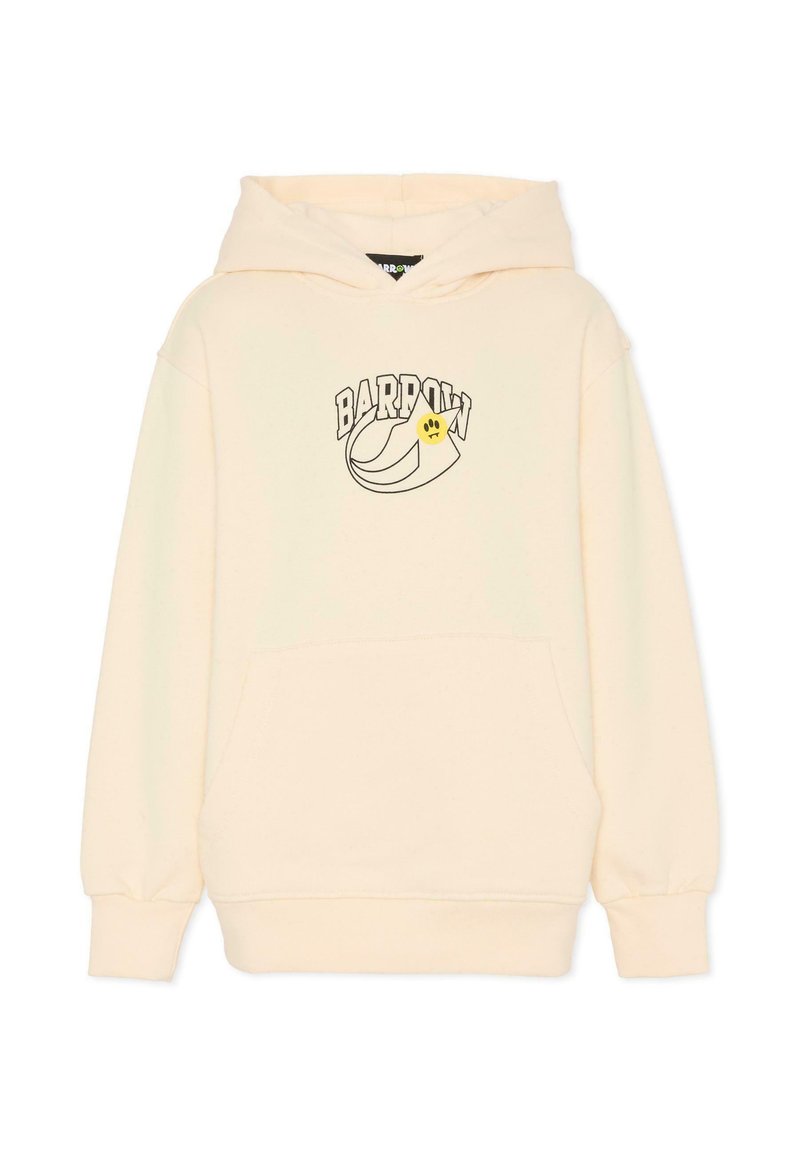 Felpa con cappuccio color crema in tessuto morbido, con tasca frontale, polsini a costine e un logo con accenti da cartone animato.