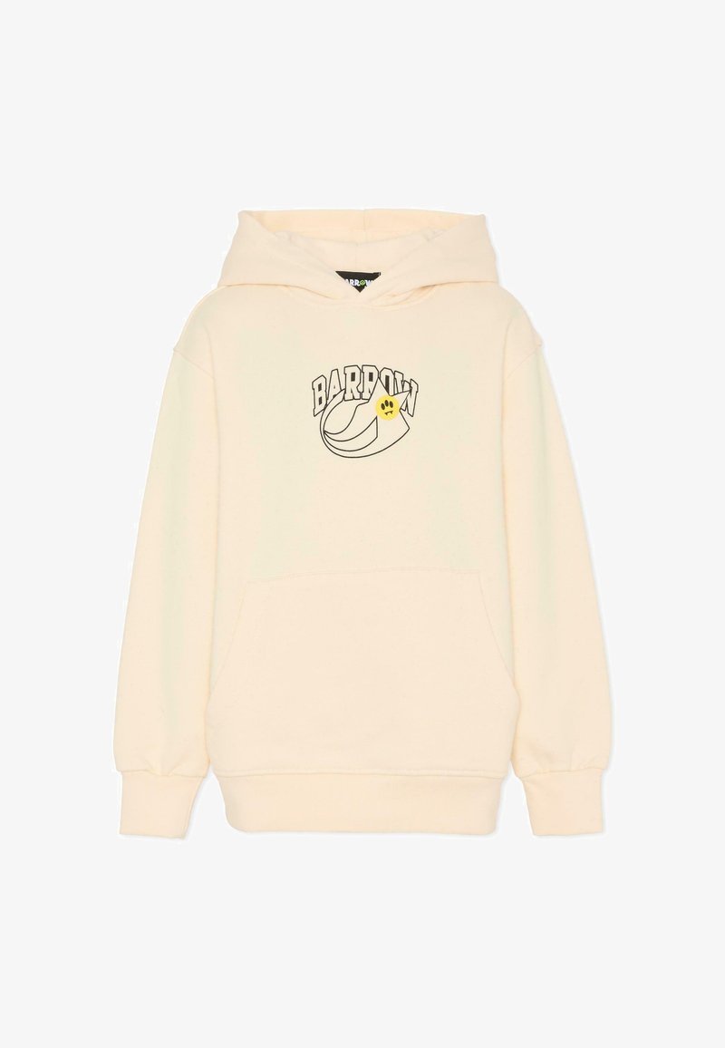 Felpa con cappuccio color crema in tessuto morbido, con tasca frontale, polsini a costine e un logo con accenti da cartone animato.